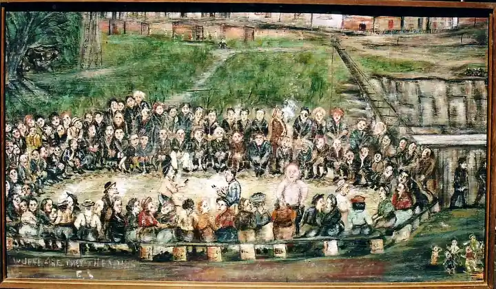 Painting of men gathered around a two-up game in a Paddington street, Sydney, in the 1890s